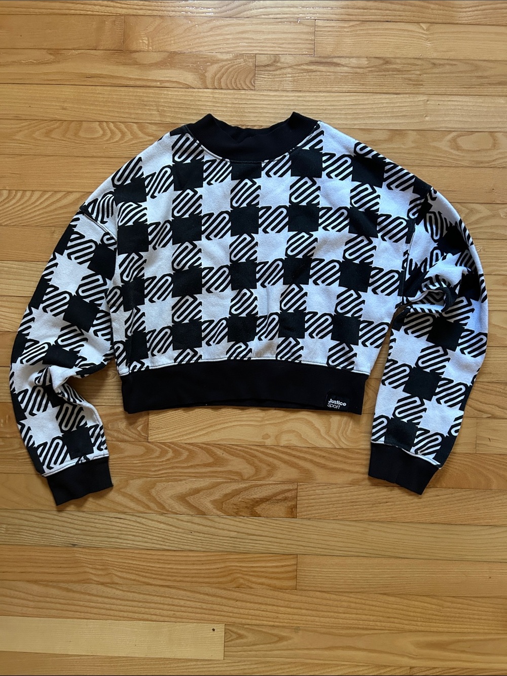 Justice Black and White Checkerboard Cropped Sweatshirt